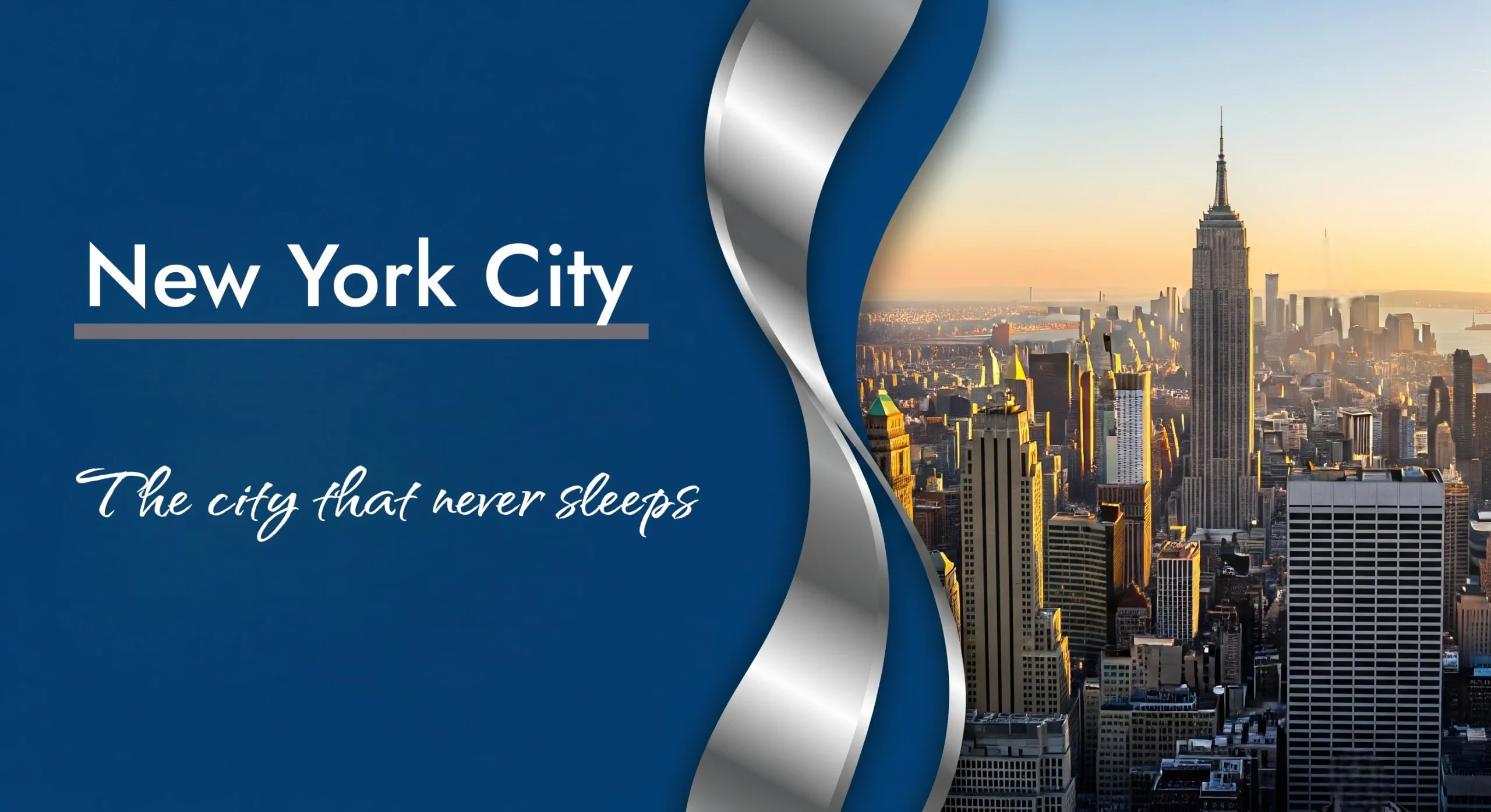 A skyline of New York City and NYC the city never sleeps text