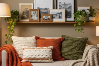 Living room corner with personal décor and soft lighting