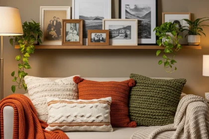 Living room corner with personal décor and soft lighting