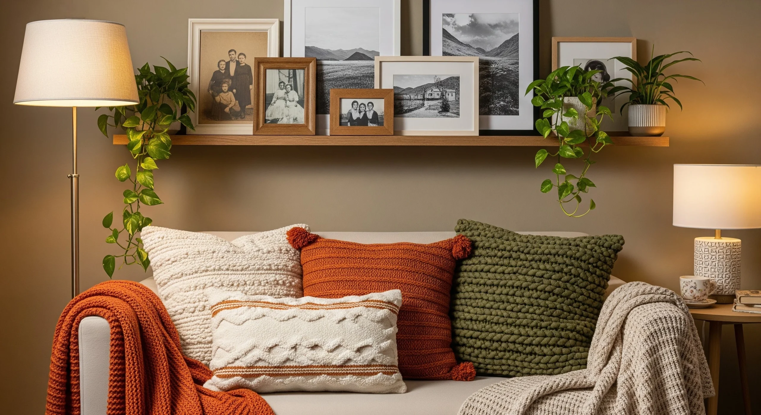 Living room corner with personal décor and soft lighting