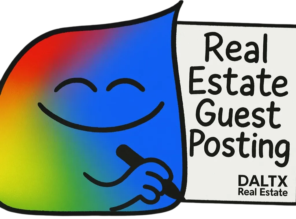 A colorful smiling character holding a pen next to the text “Real Estate Guest Posting” with DALT X Real Estate branding
