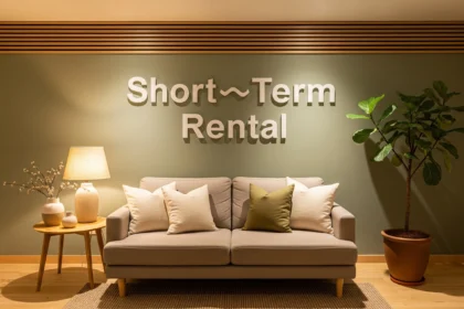 Inviting rental entrance with seating and soft lighting