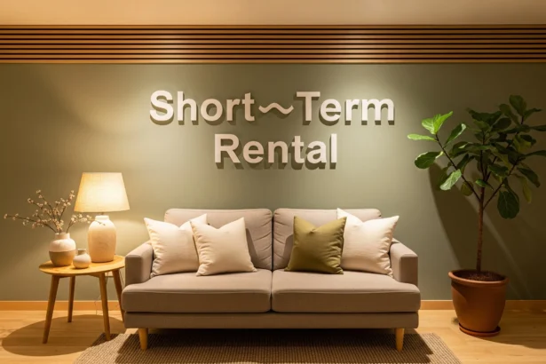 Inviting rental entrance with seating and soft lighting
