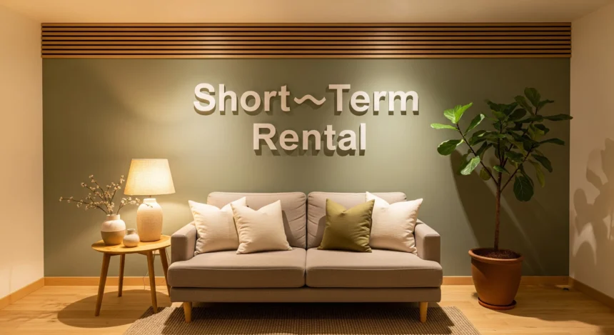 Inviting rental entrance with seating and soft lighting