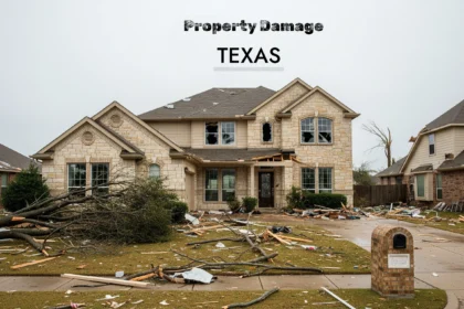 Storm-damaged house with scattered debris in front yard
