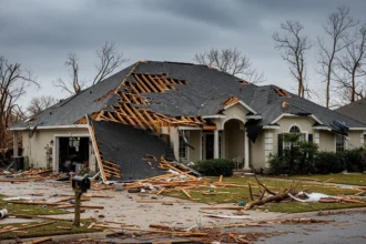 Damaged roof shingles after storm