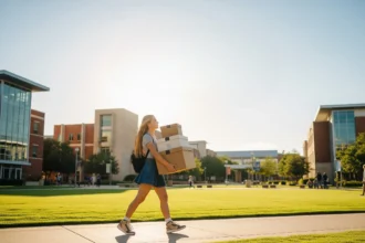 Student walking on a campus holding moving boxes
