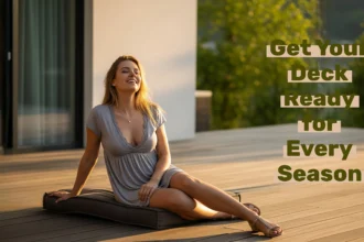 Modern backyard wood deck in late afternoon light ready for outdoor living