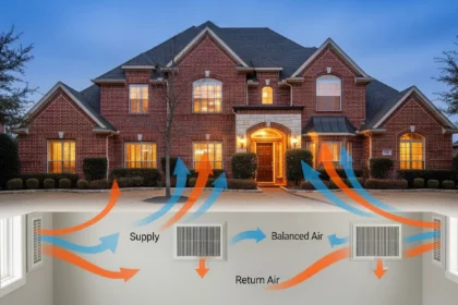 Two-story Dallas brick home with visualized airflow between floors for balanced heating.