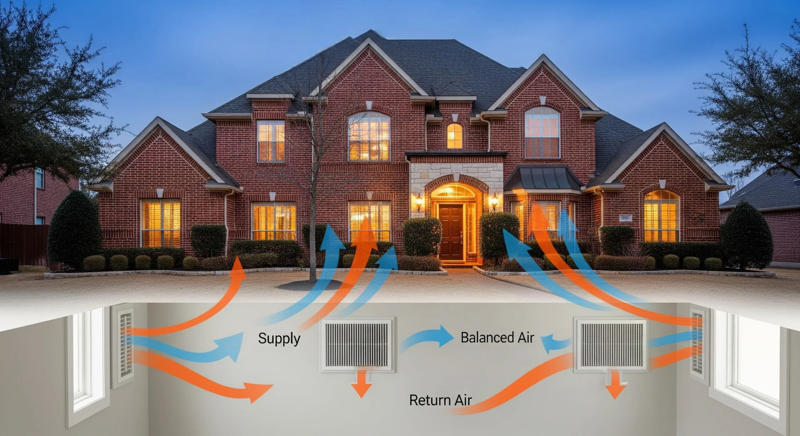 Two-story Dallas brick home with visualized airflow between floors for balanced heating.