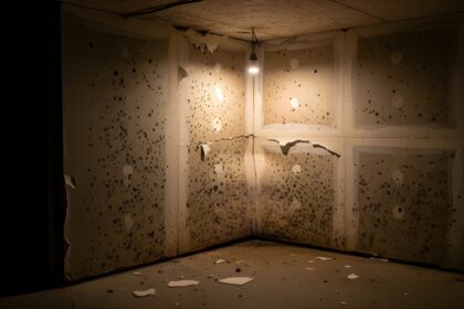 Basement wall showing mold growth near a damp corner