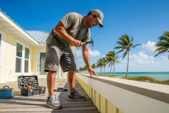 Handyman repairing coastal Florida home exterior
