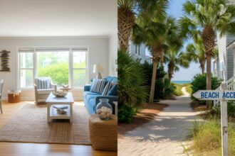 Interior of Corolla vacation rental home with beach-themed design and nearby neighborhood street view.