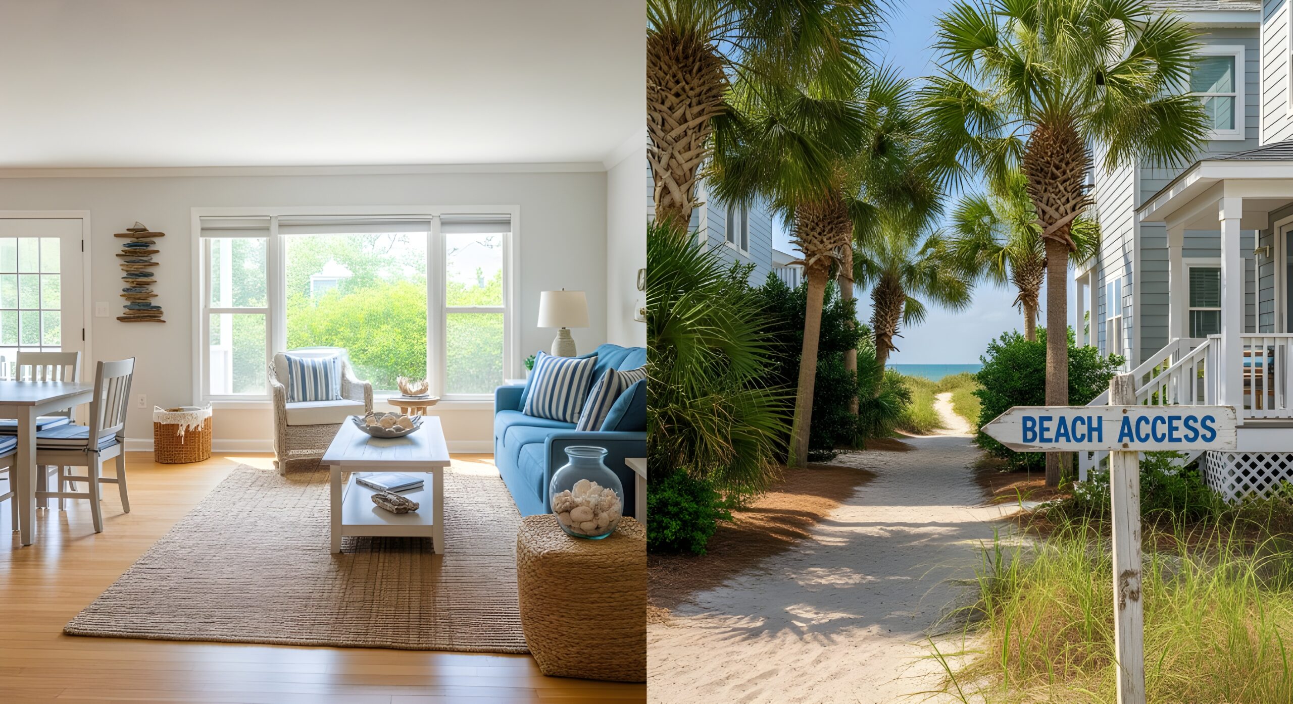 Interior of Corolla vacation rental home with beach-themed design and nearby neighborhood street view.