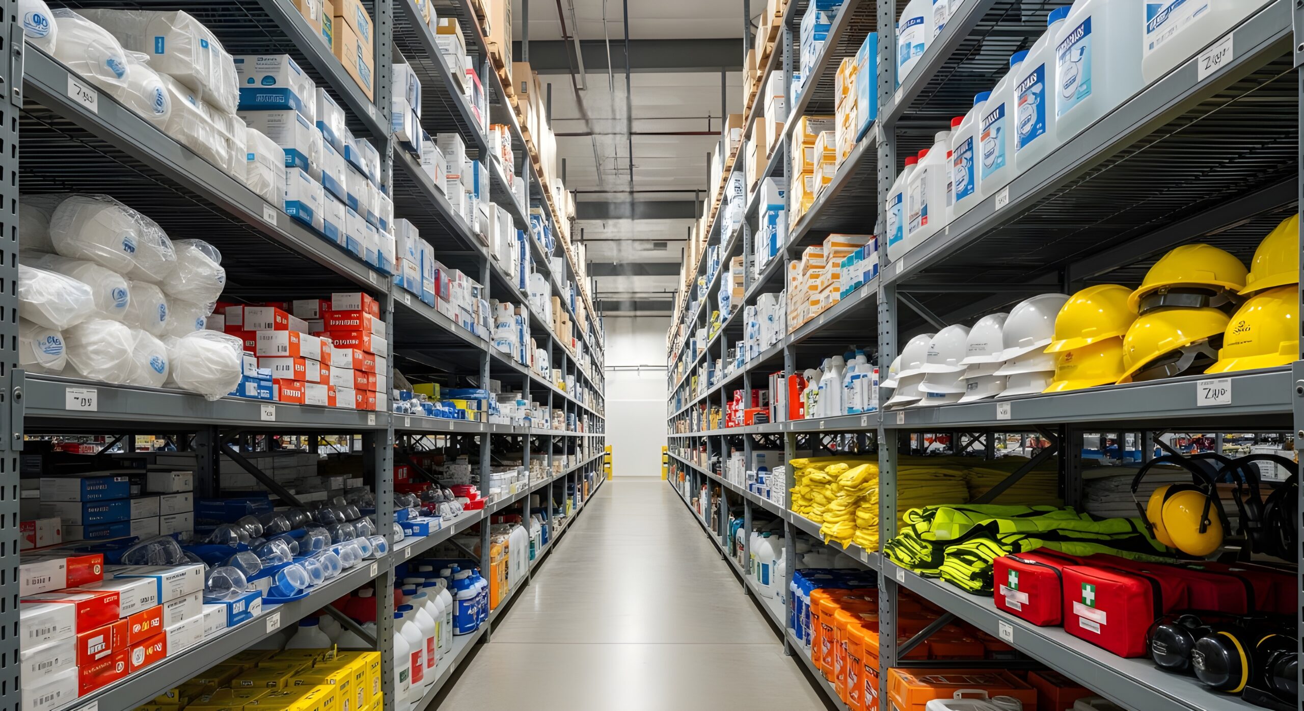 Warehouse stocked with PPE gear and supplies