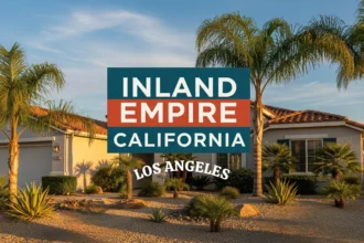 Single-story Inland Empire home and L.A with desert landscaping at sunset