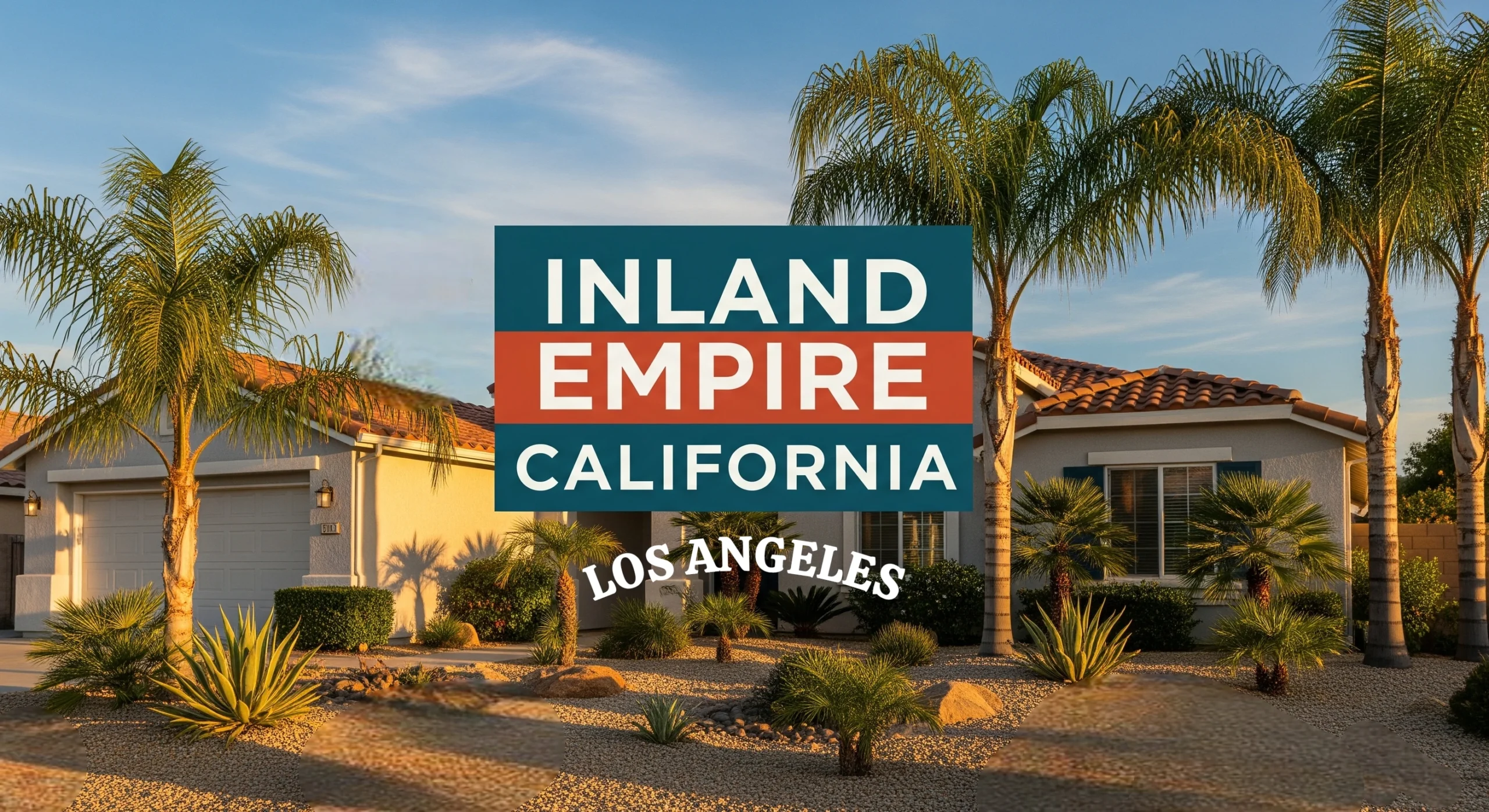Single-story Inland Empire home and L.A with desert landscaping at sunset