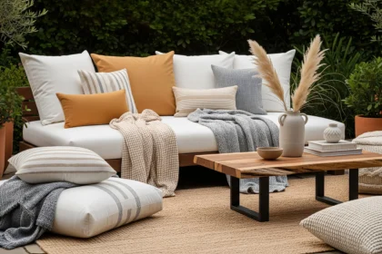 Patio with layered cushions, neutral tones, and balanced proportions