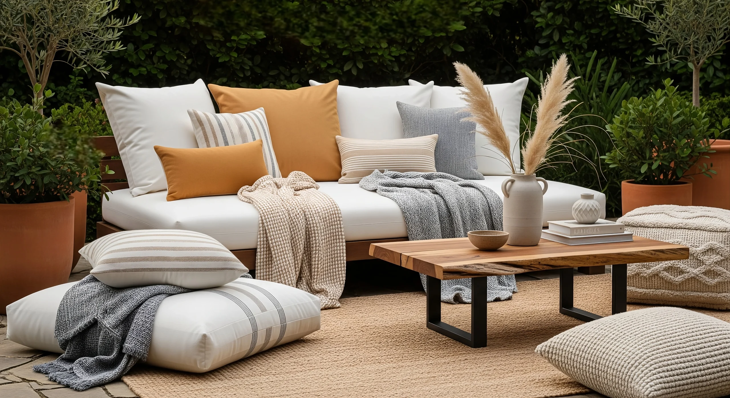 Patio with layered cushions, neutral tones, and balanced proportions