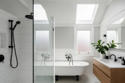 Federation-style Inner West Sydney bathroom with clawfoot tub and walk-in shower.