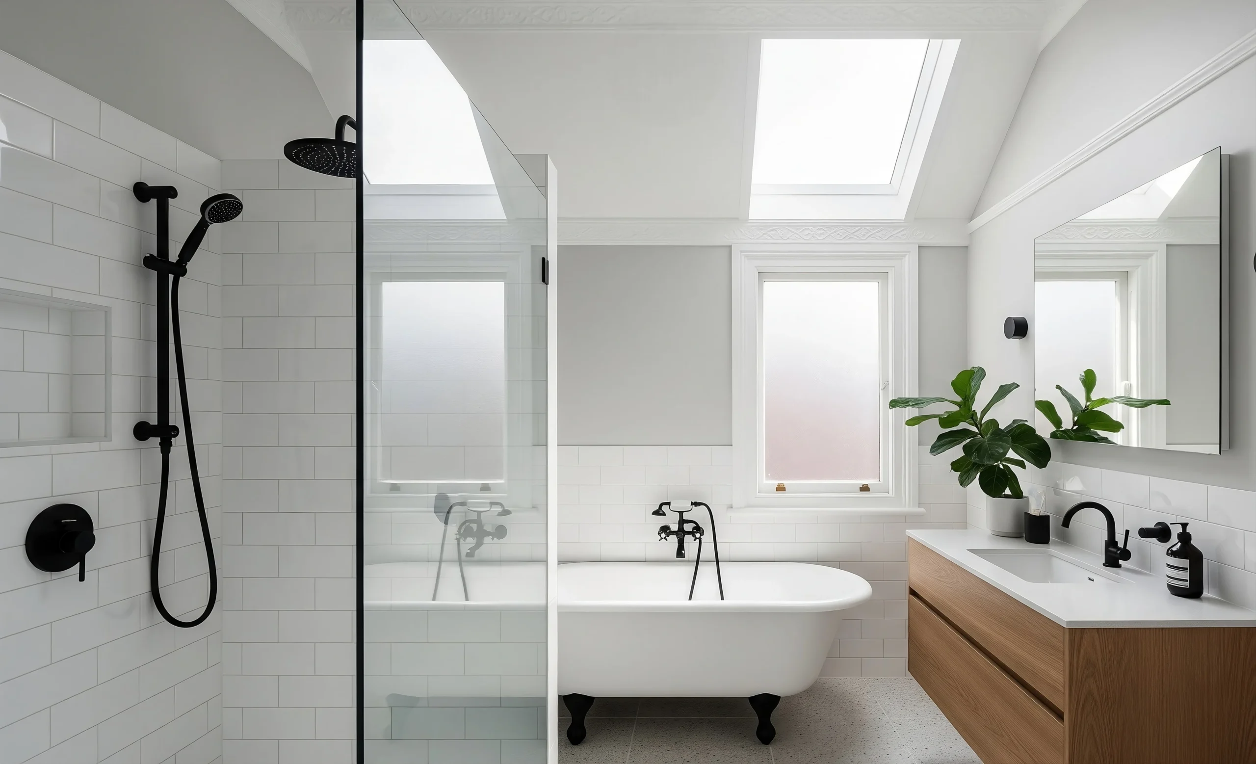 Federation-style Inner West Sydney bathroom with clawfoot tub and walk-in shower.