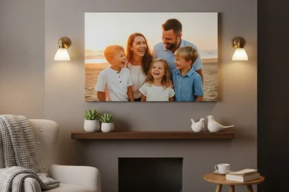 Family photo canvas in home setting