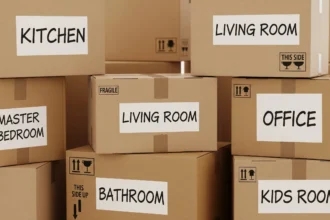 Close-up of packed boxes and labeling