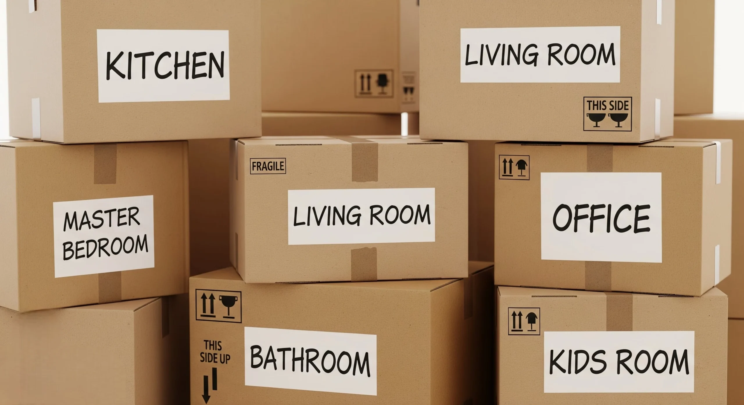 Close-up of packed boxes and labeling