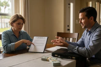 Homeowner reviewing contract with cash buyer in Orlando