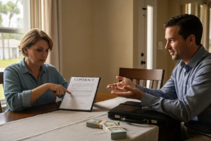 Homeowner reviewing contract with cash buyer in Orlando