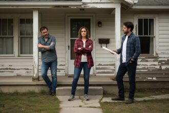 Siblings standing in front of inherited house