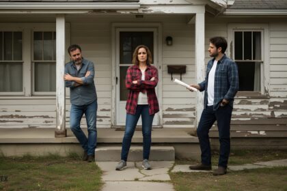 Siblings standing in front of inherited house