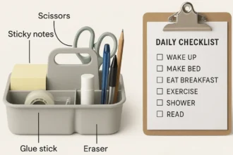 Organized cleaning caddy with daily tasks