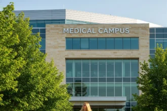 Medical student walking on campus toward building
