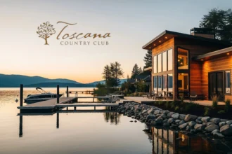 Lakeside modern vacation home at sunset with dock and mountains