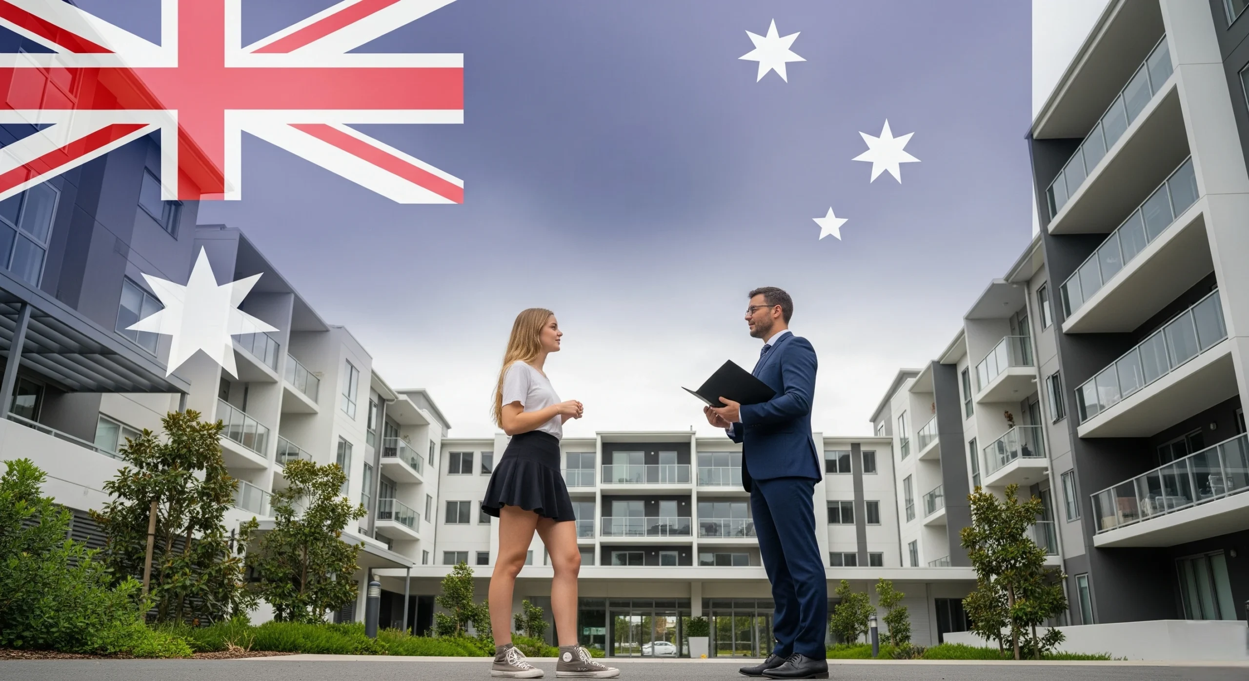 Real estate agent and investor discussing Australian investment opportunities
