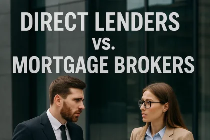 A man in a dark suit and a woman in a beige blazer discuss outside a modern office building under the text “DIRECT LENDERS vs. MORTGAGE BROKERS,”