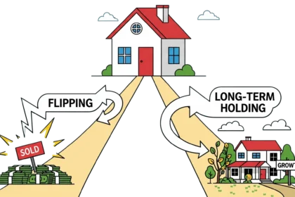 illustrating real estate investment options, showing a house at a split path. flipping or hold long-term