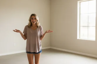A girl in an empty room with bare walls and floors