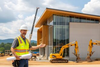 General contractor reviewing blueprints at North Carolina construction site