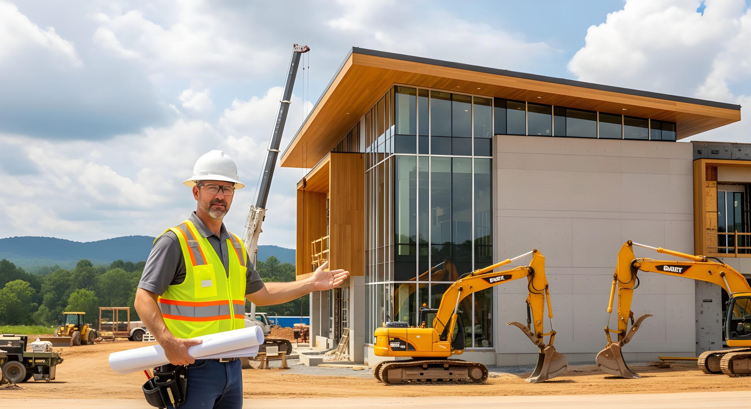 General contractor reviewing blueprints at North Carolina construction site