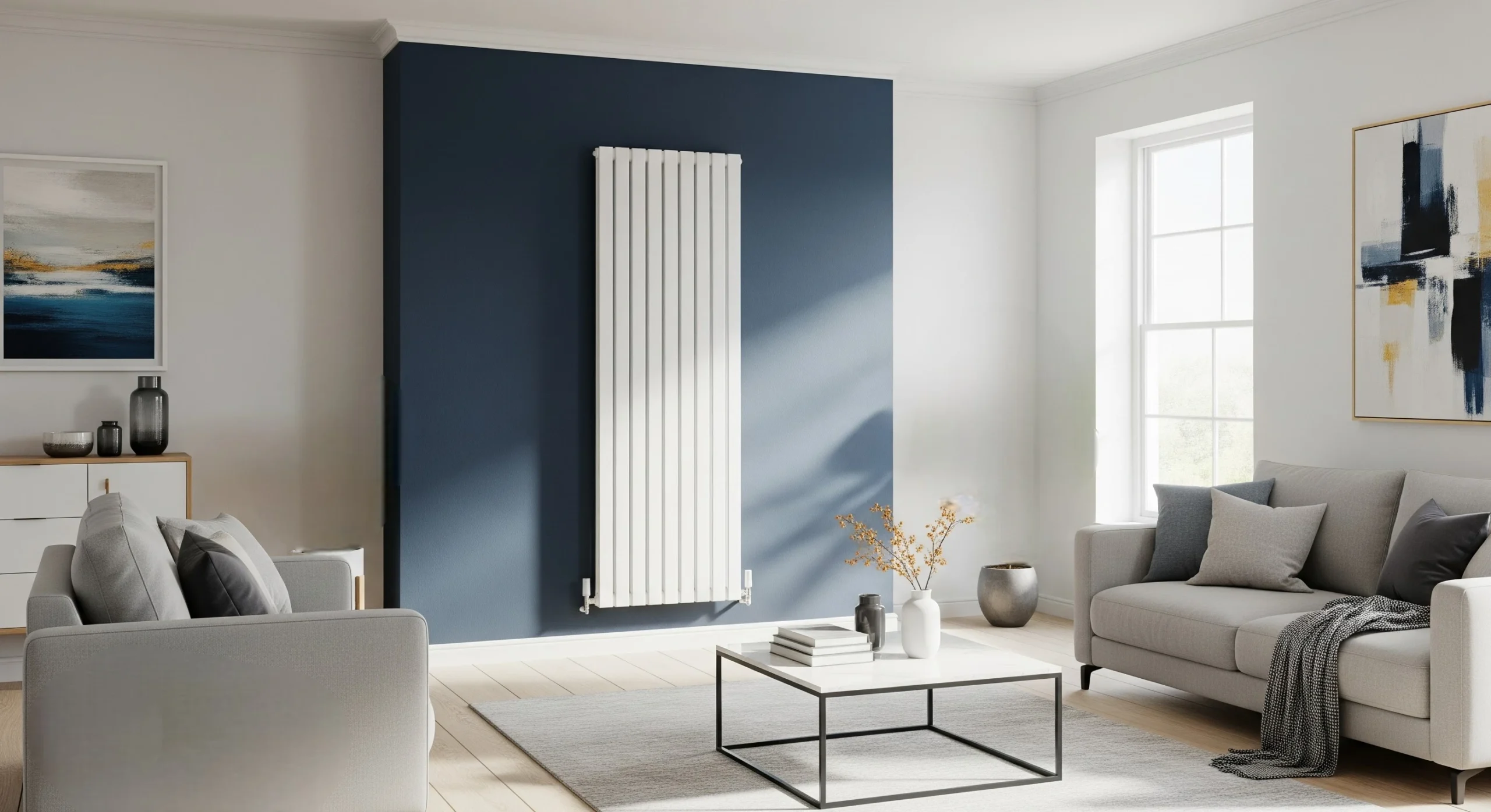 A modern, energy-efficient radiator in a stylish living room