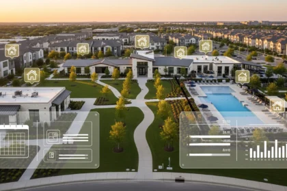 Aerial view of an Austin residential community with a shared pool and subtle digital interface overlays.