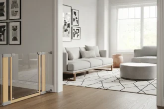 Child safely prevented from descending stairs by baby gate