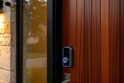 Biometric fingerprint door lock on a modern Dallas front door at sunset.