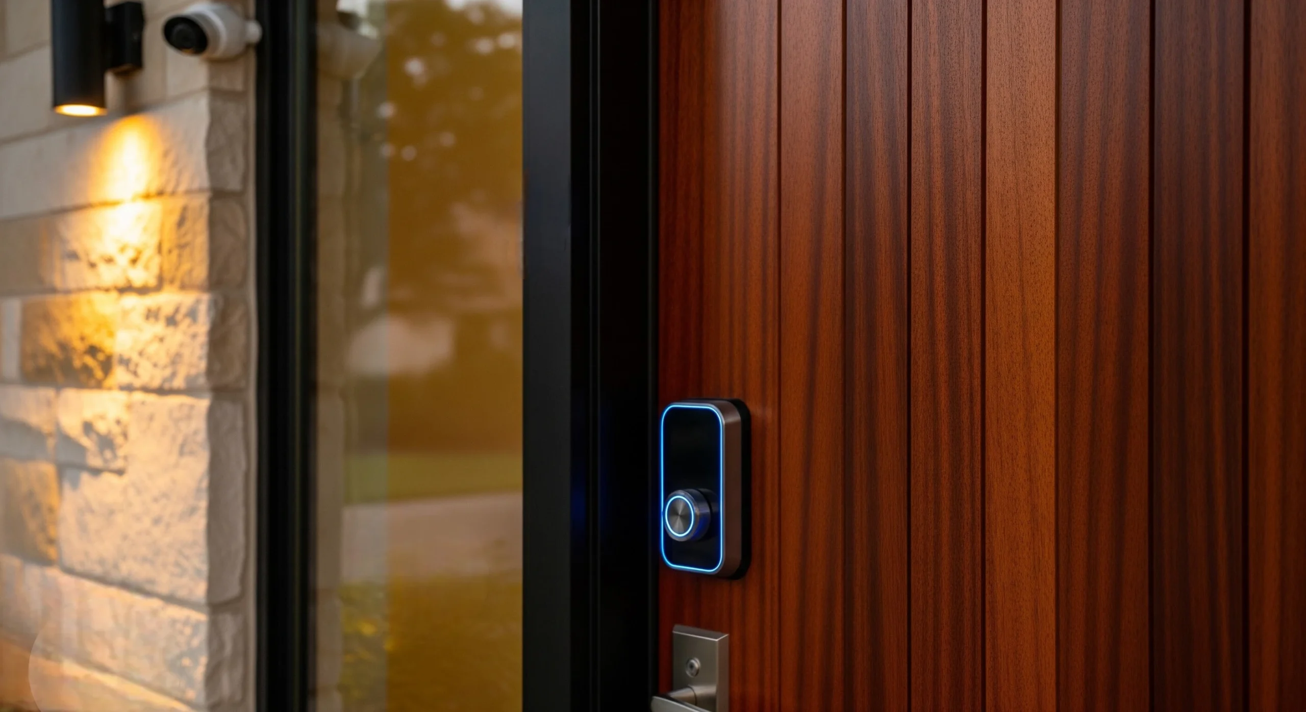 Biometric fingerprint door lock on a modern Dallas front door at sunset.