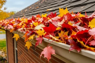 Gutter packed with colorful fall leaves along a house roofline, showing clogged gutters that need seasonal cleaning