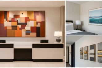 Wall of hotel art featuring local landscapes in a unified color palette.