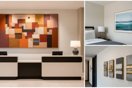 Wall of hotel art featuring local landscapes in a unified color palette.