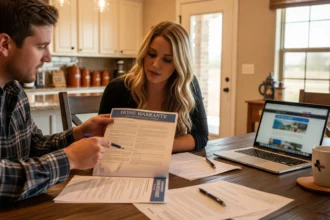 Texas couple reviewing a home warranty contract at their kitchen table.